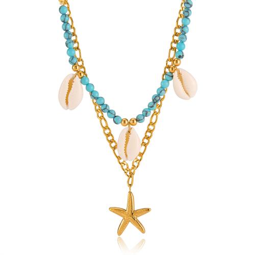 Collana turchese alla moda, 304 acciaio inox, with turchese & conchiglia, placcato, Doppio strato & gioielli di moda & per la donna, dorato, Venduto da PC