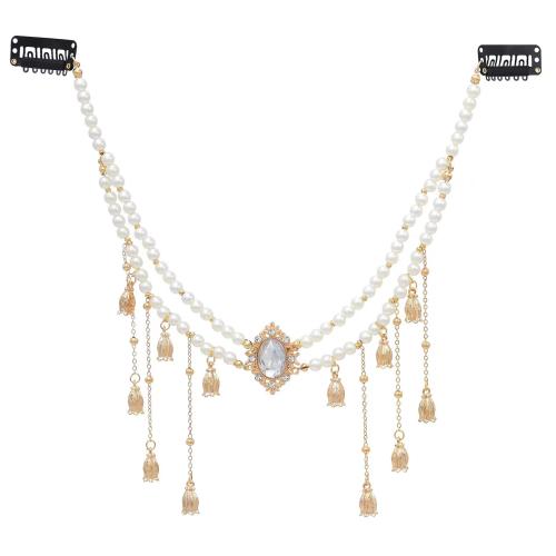 aleación de zinc Cadena de cabeza, con Perlas plásticas, chapado, estilo popular & para mujer & con diamantes de imitación, más colores para la opción, longitud aproximado 50-60 cm, Vendido por UD