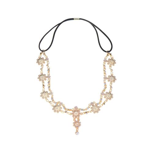 Zinc Alloy Head Chain with Elastic Thread & Plastic Pearl Flower Bohemian style & for woman & with rhinestone gold Length Approx 50-60 cm Sold By PC