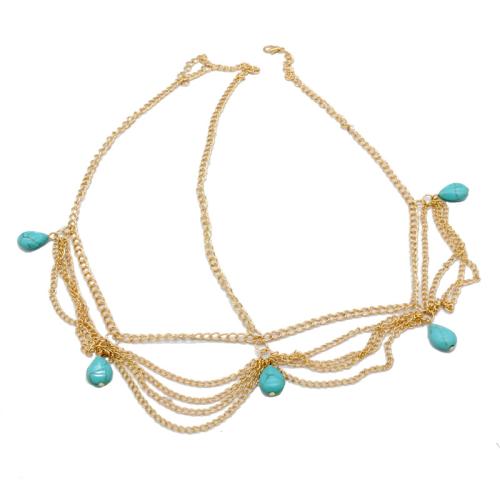 Zinc Alloy Head Chain with Turquoise gold color plated multilayer & for woman Length Approx 55 cm Sold By PC