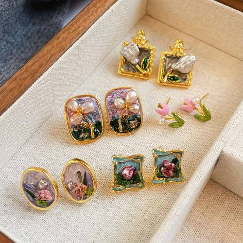 Sladkovodní Pearl náušnice, s Mosaz, módní šperky & smalt, více barev na výběr, nikl, olovo a kadmium zdarma, 25x15x15mm, Prodáno By Pair