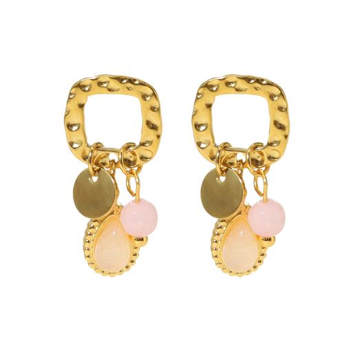 Natural Quartz Earrings 304 Stainless Steel with Rose Quartz 18K gold plated fashion jewelry & for woman & hollow Sold By Pair