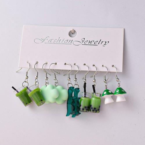 Resin Earring Set with Zinc Alloy 5 pieces & fashion jewelry & for woman green earring length 35-50mm Sold By Set
