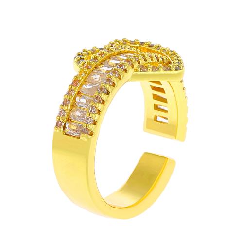 cobre Cuff Ring Finger, Coração, cromado de cor dourada, micro pavimento em zircônia cúbica & para mulher, tamanho:6-8, vendido por PC