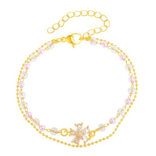 Mosaz Náramek, s Krystal, Květina, barva pozlacený, Dvojitá vrstva & micro vydláždit kubické zirkony & pro ženy, Délka Cca 6-7 inch, Prodáno By PC