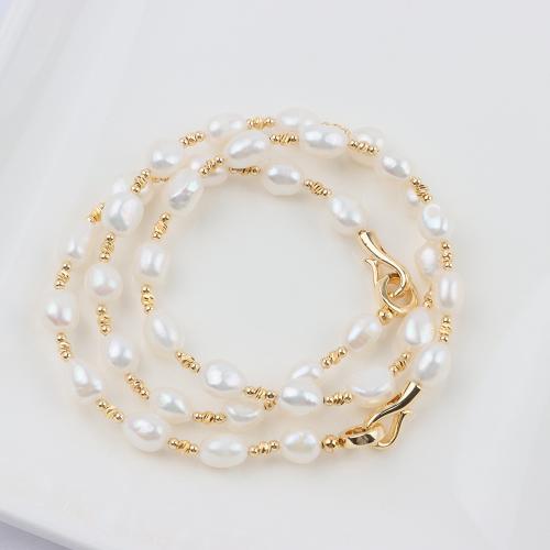 Natural Cultured Freshwater Pearl Jewelry Sets bracelet & necklace with Copper Alloy Baroque plated fashion jewelry white nickel lead & cadmium free 7-8mm Sold By Set