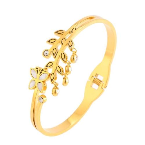 Bracelet en acier inoxydable, Acier inoxydable 304, avec coquille blanche, Placage, pour femme & avec strass & creux, doré, Vendu par PC