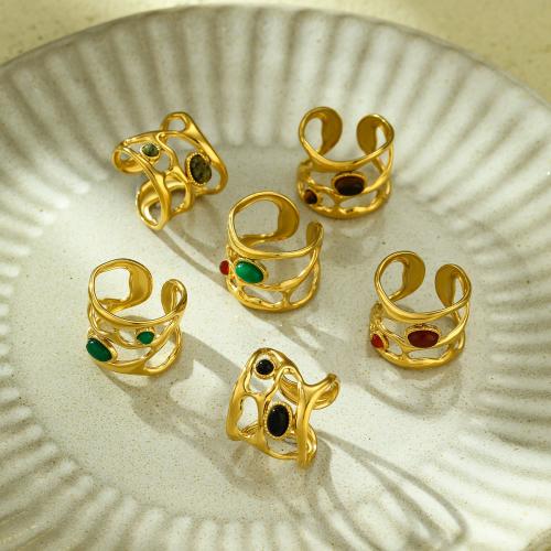 Dragi kamen Finger Ring, 304 nehrđajućeg čelika, s Prirodni kamen, pozlaćen, različiti materijali za izbor & za žene & šupalj, zlatan, Prodano By PC