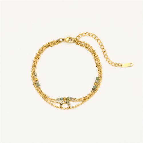 Bracelets de pierres précieuses, Acier inoxydable 304, avec Pierre naturelle, Plaqué or 18K, trois couches & pour femme & avec strass, Vendu par PC
