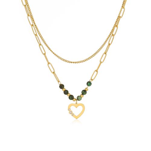 Collier bijoux de pierre gemme, Acier inoxydable 304, avec Pierre naturelle, Plaqué or 18K, Double couche & pavé de micro zircon & pour femme, Vendu par PC