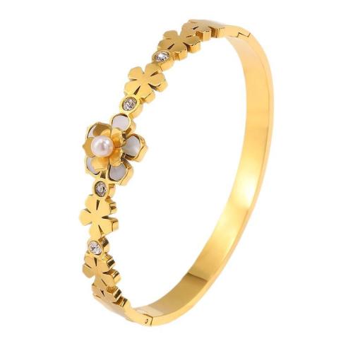 Bracelet en acier inoxydable, Acier inoxydable 304, avec coquille blanche & perle de plastique, bijoux de mode & pour femme & avec strass, doré, Vendu par PC