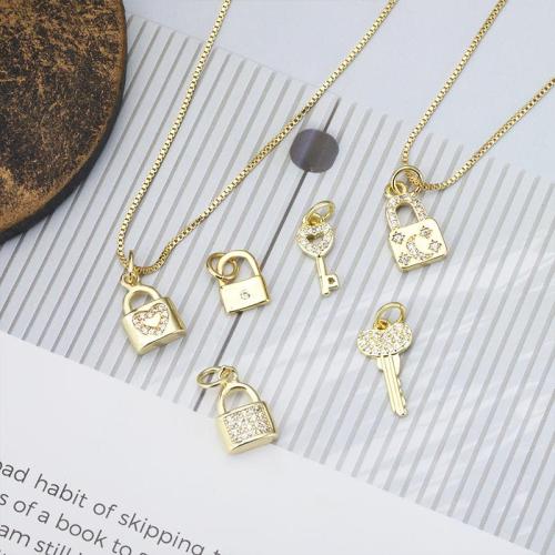 Cubic Zirconia Micro Pave Brass Pendant Lock and Key plated DIY & micro pave cubic zirconia golden Sold By PC