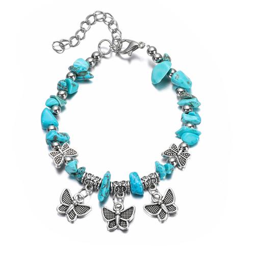 liga de zinco pulseira, with Cascalho natural, Borboleta, banho de cor prata antiga, Vario tipos a sua escolha & para mulher, comprimento Aprox 6-7 inchaltura, vendido por PC