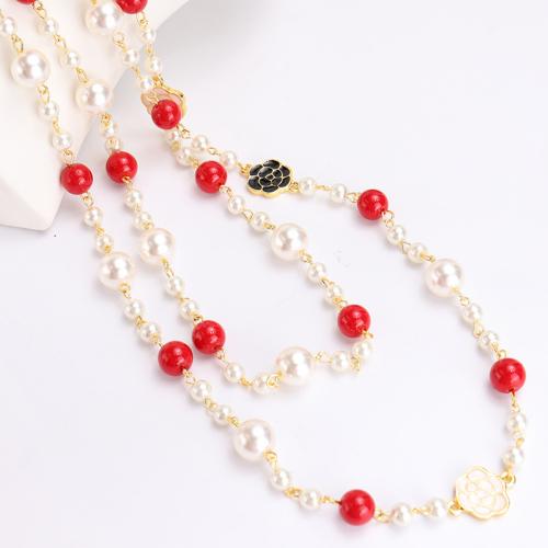 Plastic Pearl Sweater Necklace with Zinc Alloy Rose gold color plated for woman & enamel Length Approx 62.2 Inch Sold By PC