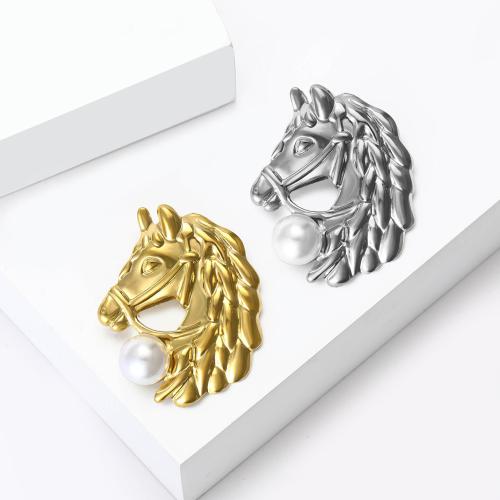 304 Stainless Steel Brooch with Plastic Pearl Horse plated fashion jewelry Sold By PC