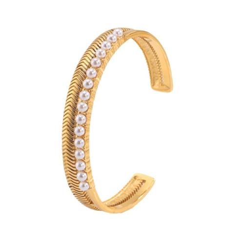 304 acciaio inox braccialetto da polso, with perla in plastica, gioielli di moda & per la donna, dorato, Inner diameter :60mm, width :8mm, Venduto da PC