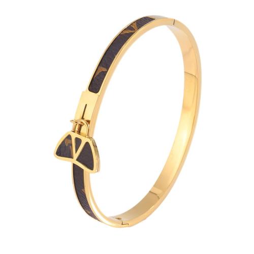 Stainless Steel Bangle 304 Stainless Steel with PU Leather plated fashion jewelry & for woman golden Sold By PC