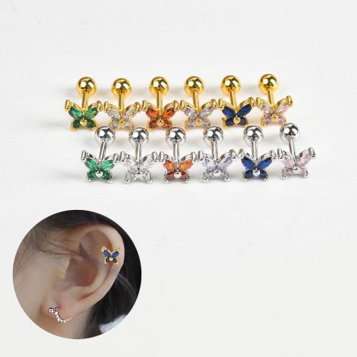 ottone orecchini a borchia, Farfalla, placcato, Micro spianare cubic zirconia & per la donna, nessuno, 8mm, Venduto da PC