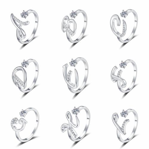 cobre Cuff Ring Finger, Letra do Alfabeto, banhado, Vario tipos a sua escolha & para mulher & com strass, Mais cores pare escolha, tamanho:6-8, vendido por PC