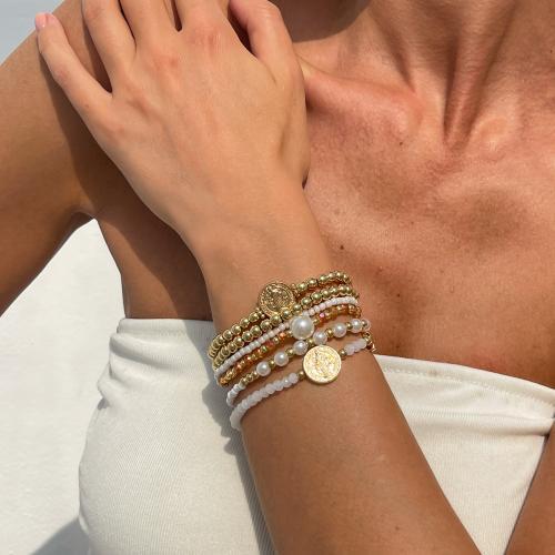 Wrap Bracelet Zinc Alloy with Seedbead & Crystal & Copper Coated Plastic & Plastic Pearl gold color plated 6 pieces & fashion jewelry Sold By Set