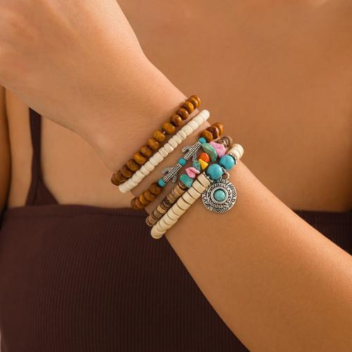 Wrap Bracelet Zinc Alloy with Natural Gravel & Coconut & Wood & Copper Coated Plastic gold color plated fashion jewelry Sold By Set
