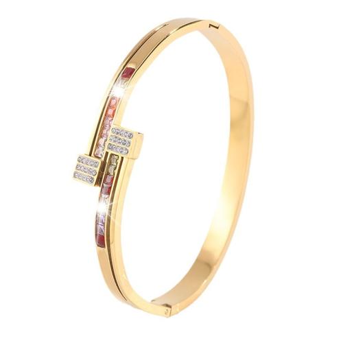 304 Stainless Steel Cuff Bangle plated fashion jewelry & for woman & with rhinestone golden Sold By PC