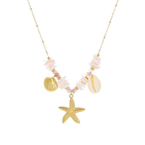 Stainless Steel Jewelry Necklace 304 Stainless Steel with Natural Stone & Shell 18K gold plated fashion jewelry & for woman & with rhinestone Sold By PC