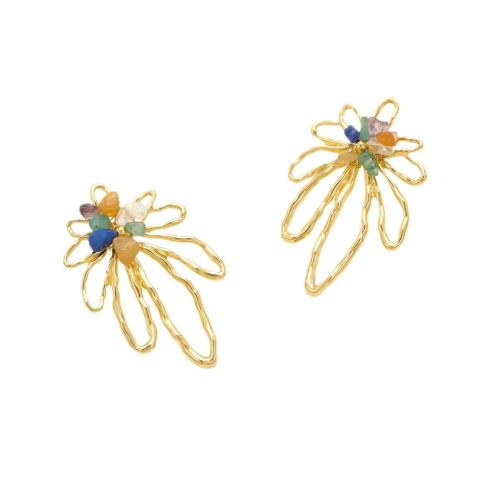 Brincos de garanhão de aço inoxidável, Aço inoxidável 304, with Pedra natural, Pétalas, 18K banhado a ouro, joias de moda & para mulher & vazio, vendido por par