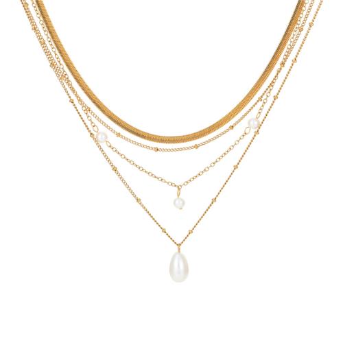Mode Multi laag ketting, 304 roestvrij staal, met Plastic Pearl, 18K verguld, mode sieraden & multilayer & voor vrouw, Verkocht door PC
