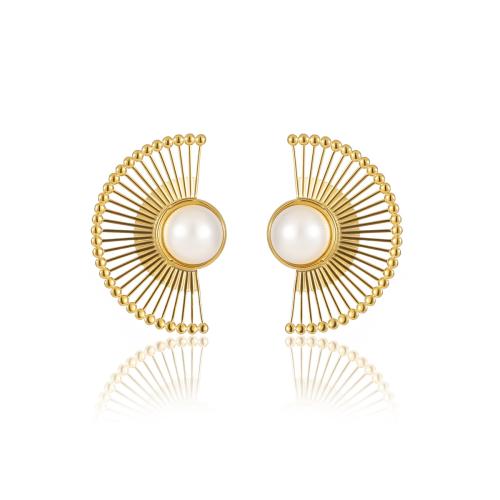 Roestvrij staal Stud Earrings, 304 roestvrij staal, met Plastic Pearl, Fan, 18K verguld, mode sieraden & voor vrouw & hol, Verkocht door pair