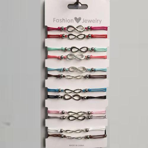 cordon de polyester Set de bracelet, avec alliage de zinc, Infini, fait à la main, 12 pièces & unisexe & réglable, couleurs mélangées, Longueur Environ 6-10 pouce, Vendu par fixé