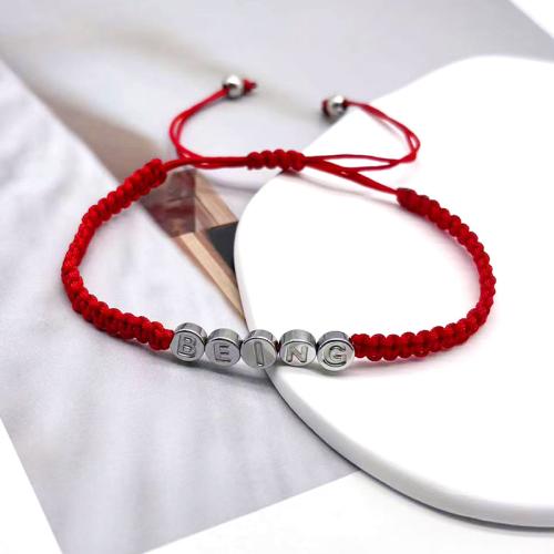 Acier inoxydable 304 bracelet, avec cordon de polyester, avec 2.1inch chaînes de rallonge, Lettre d’alphabet, fait à la main, unisexe & réglable, rouge, Longueur Environ 5.5 pouce, Vendu par PC