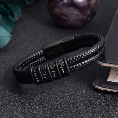 Acier inoxydable 304 bracelet, avec cuir PU, Lettre d’alphabet, Placage, normes différentes pour le choix & pour homme, plus de couleurs à choisir, Longueur Environ 8.5 pouce, Vendu par PC