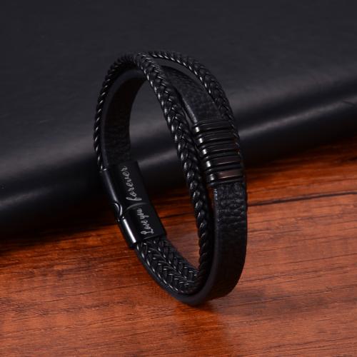 cuir PU bracelet, avec cuir de peau de vache & Acier inoxydable 304, multicouche & normes différentes pour le choix & pour homme, noire, Vendu par PC