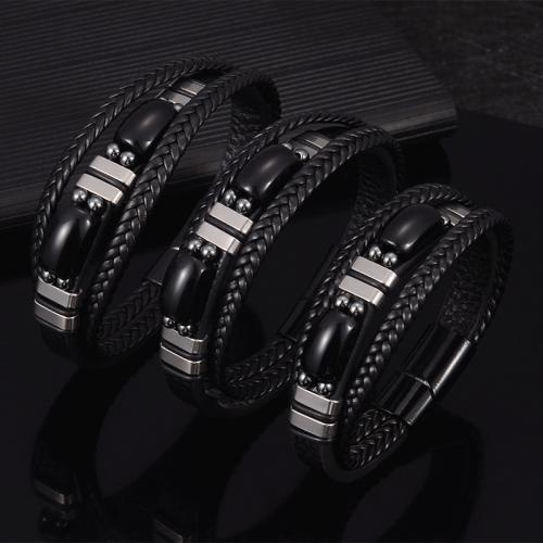 cuir PU bracelet, avec Obsidienne & Acier inoxydable 304, fait à la main, multicouche & unisexe & normes différentes pour le choix, noire, Vendu par PC