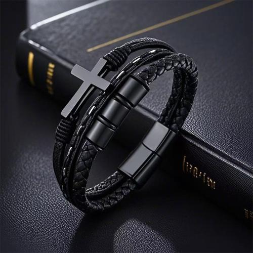 cuir PU bracelet, avec cuir de peau de vache & Acier inoxydable 304, croix, multicouche & normes différentes pour le choix & pour homme, noire, Vendu par PC