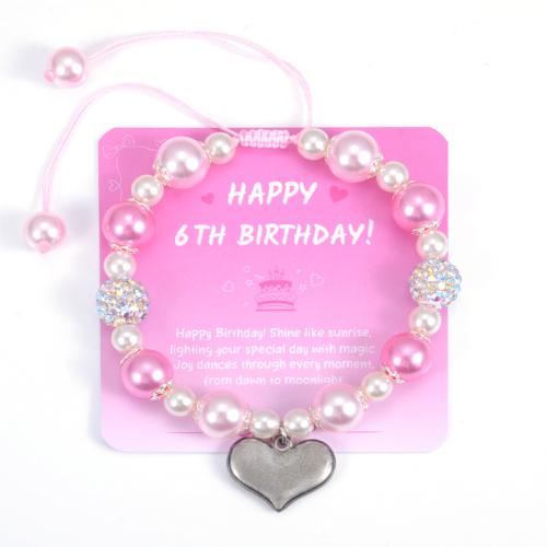 perle de plastique bracelet, avec cordon de polyester & alliage de zinc, coeur, fait à la main, Fille & modèles différents pour le choix & avec strass, Longueur Environ 6.5-11 pouce, Vendu par PC