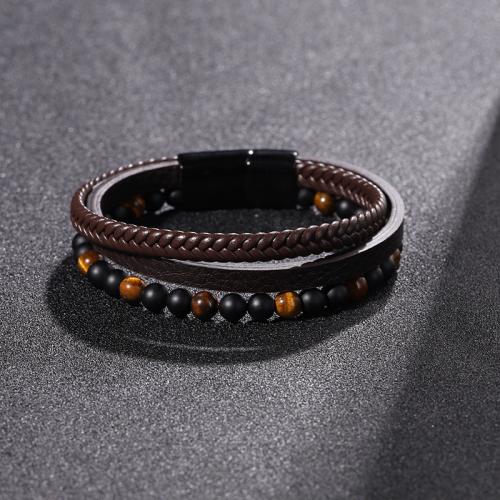 cuir PU bracelet, avec oeil de tigre & Acier inoxydable 304, fait à la main, multicouche & pour homme, Longueur Environ 8.5 pouce, Vendu par PC