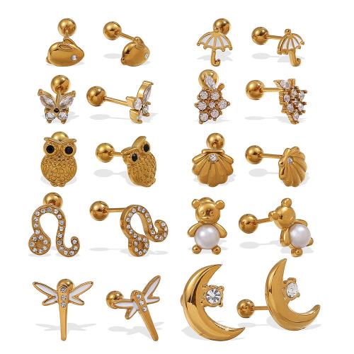 Boucle d'oreille de gaujon en acier inoxydable, Acier inoxydable 304, avec perle de plastique, Placage de couleur d'or, bijoux de mode & pavé de micro zircon & émail & avec strass, plus de couleurs à choisir, Vendu par paire