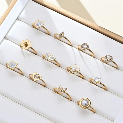 Cubic Zirconia nerezové prst prsten, 304 Stainless Steel, s Plastové Pearl, á, různé styly pro výběr & micro vydláždit kubické zirkony & pro ženy, zlatý, Prodáno By PC