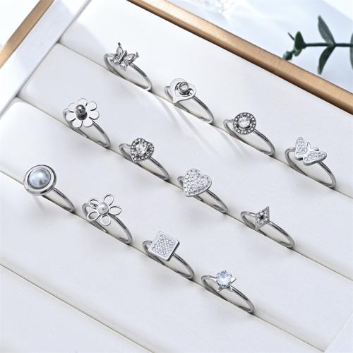 Cubic Zirconia nerezové prst prsten, 304 Stainless Steel, s Plastové Pearl, lesklý, různé styly pro výběr & micro vydláždit kubické zirkony & pro ženy, Původní barva, Prodáno By PC