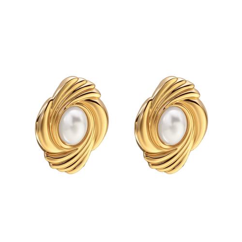 Boucle d'oreille de gaujon en acier inoxydable, Acier inoxydable 304, avec perle de plastique, Placage, bijoux de mode & pour femme, doré, Vendu par paire