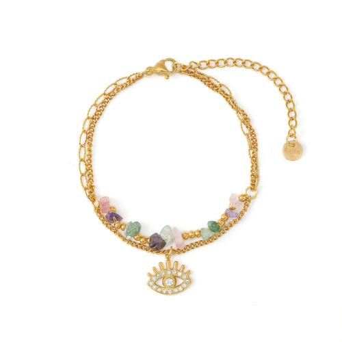 Bijoux bracelet en acier inoxydable, Acier inoxydable 304, avec Pierre naturelle, Plaqué or 18K, Double couche & pavé de micro zircon & pour femme, Vendu par PC