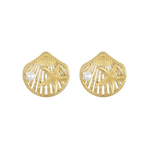 Boucle d'oreille de gaujon en acier inoxydable, Acier inoxydable 304, avec perle de plastique, coquille, Plaqué or 18K, bijoux de mode & pour femme & creux, Vendu par paire