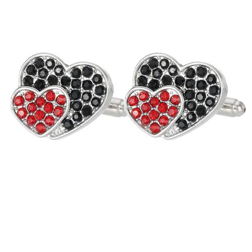 Boutons de manchette, alliage de zinc, coeur, bijoux de mode & unisexe & avec strass, argent, Vendu par paire