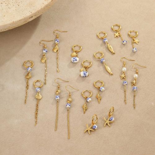 Edelstahl Tropfen Ohrring, 304 Edelstahl, mit Porzellan, 18K vergoldet, Modeschmuck & verschiedene Stile für Wahl & für Frau, verkauft von Paar