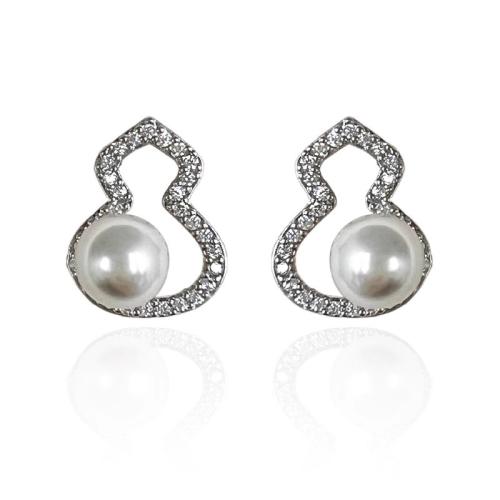 Boucles d'oreilles en laiton zircon cubique pavent, avec perle de plastique,  , calebasse, Placage, bijoux de mode & pavé de micro zircon, argent, protéger l'environnement, sans nickel, plomb et cadmium, 11.30x15.30mm, Vendu par paire