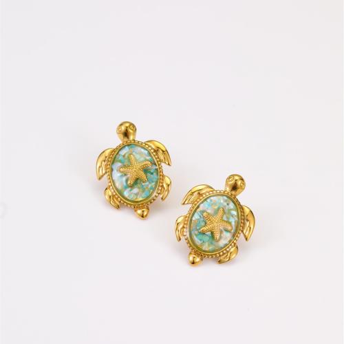 Boucle d'oreille de gaujon en acier inoxydable, Acier inoxydable 304, avec coquille, tortue, Plaqué or 18K, bijoux de mode & pour femme & autocollant époxyde, plus de couleurs à choisir, Vendu par paire