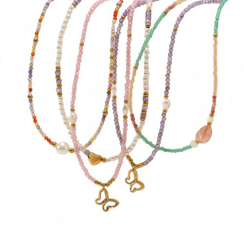 Natural Freshwater Pearl Necklace Titanium Steel with Natural Stone & Freshwater Pearl plated fashion jewelry & for woman multi-colored Sold By PC