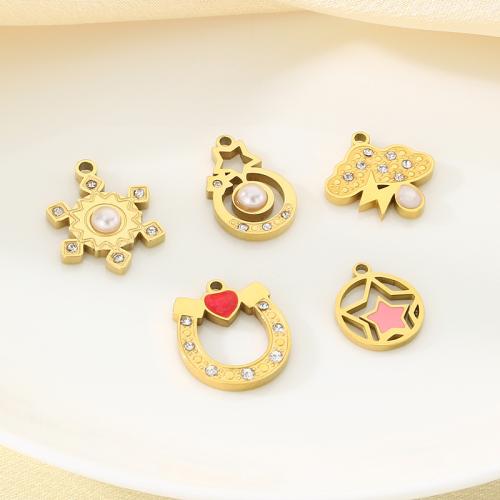 Stainless Steel Pendants 304 Stainless Steel with Glass & Plastic Pearl gold color plated DIY & enamel & with rhinestone golden Sold By Bag